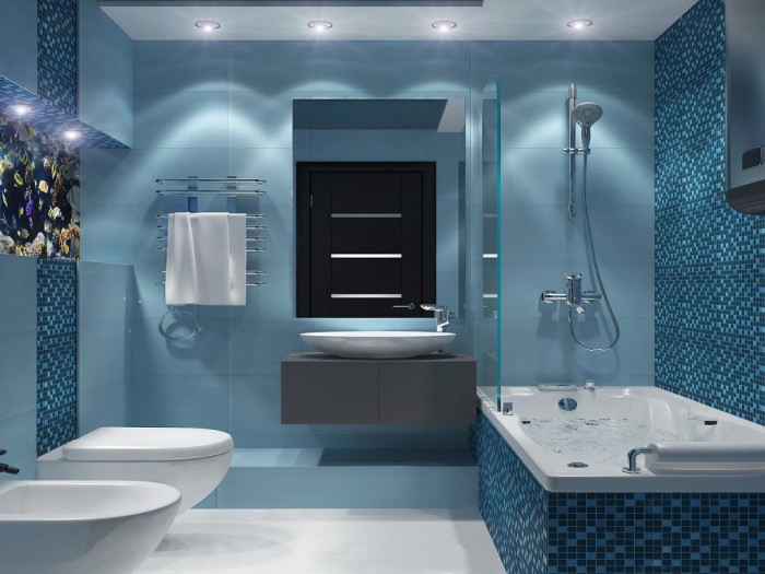גווני כחול בחדר האמבטיה.