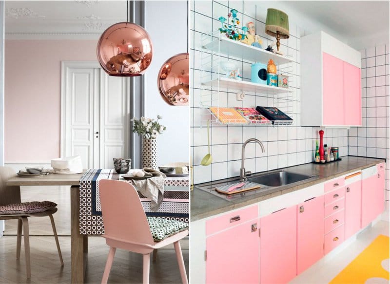 Warm and cold shades of pink in the interior of the kitchen