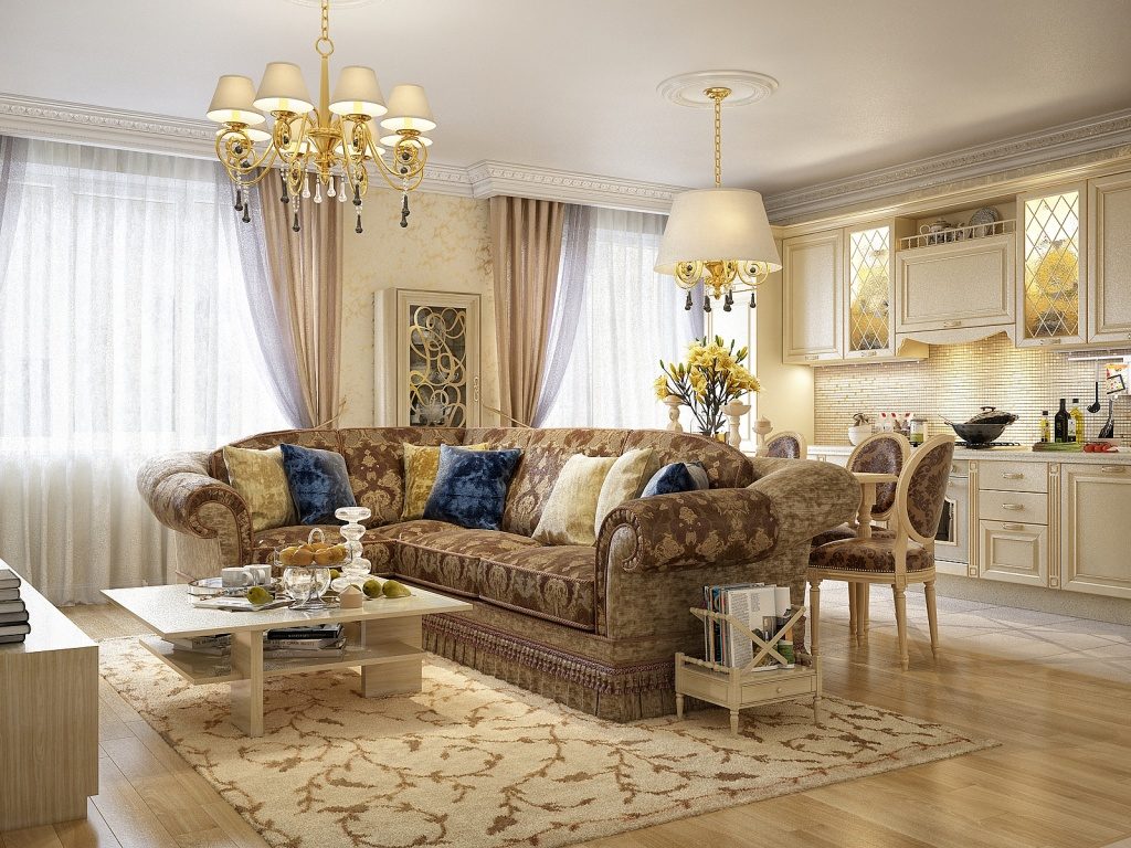 O design da sala de estar da cozinha em estilo clássico