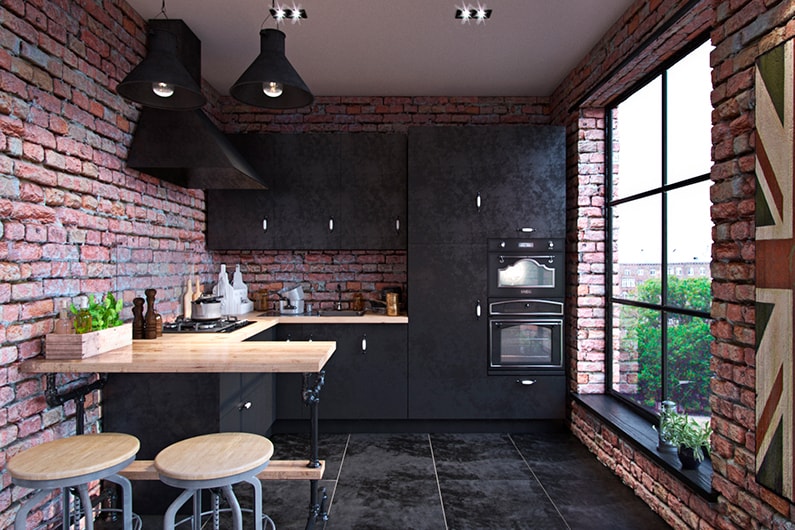 Pereți din cărămidă din bucătărie cu fereastră panoramică