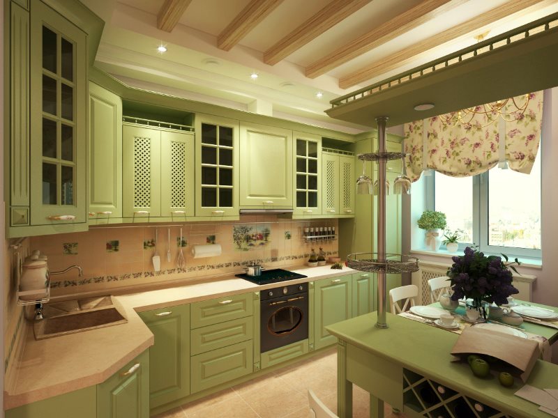 Hellgrüne Küche im provenzalischen Stil mit einer Größe von 11 Quadratmetern