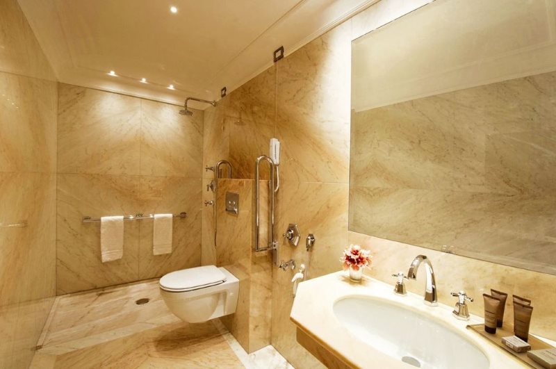 Marble tiles on the wall of the combined bathroom