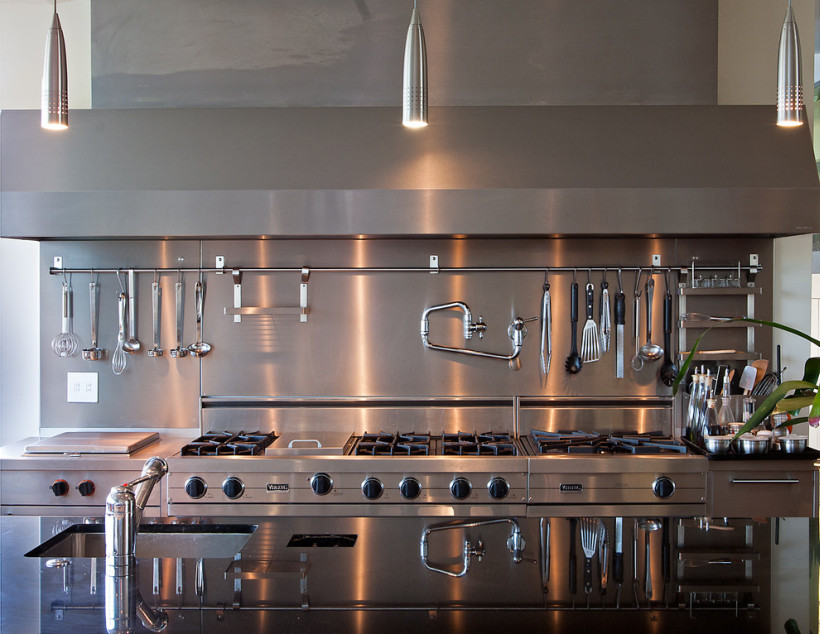 Stainless steel in the interior of a modern kitchen