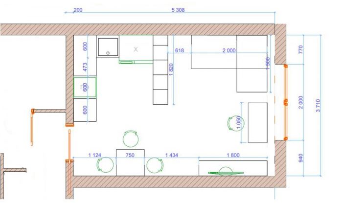 Plan of the kitchen-living room after redevelopment