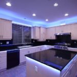 Plasterboard ceiling lighting with LED strip behind the skirting board