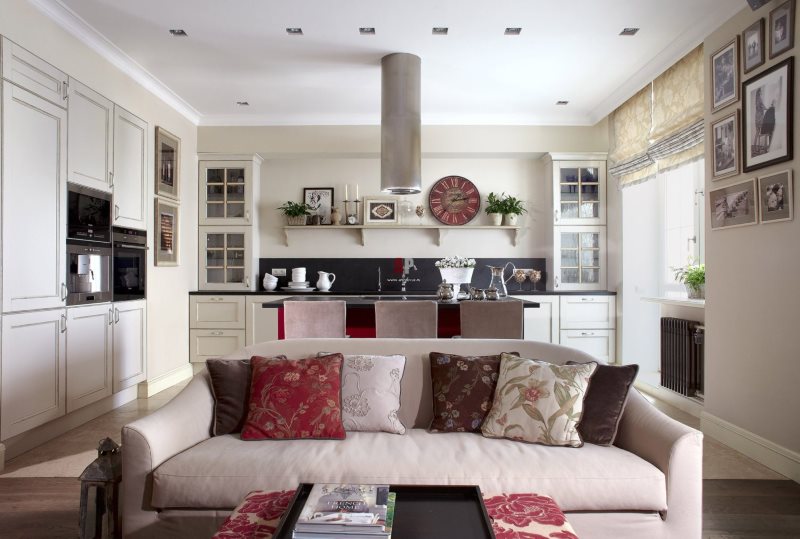 Rectangular kitchen-living room interior