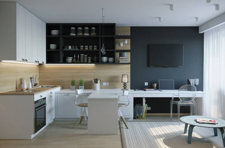 Um exemplo de zoneamento de uma sala de cozinha usando cores