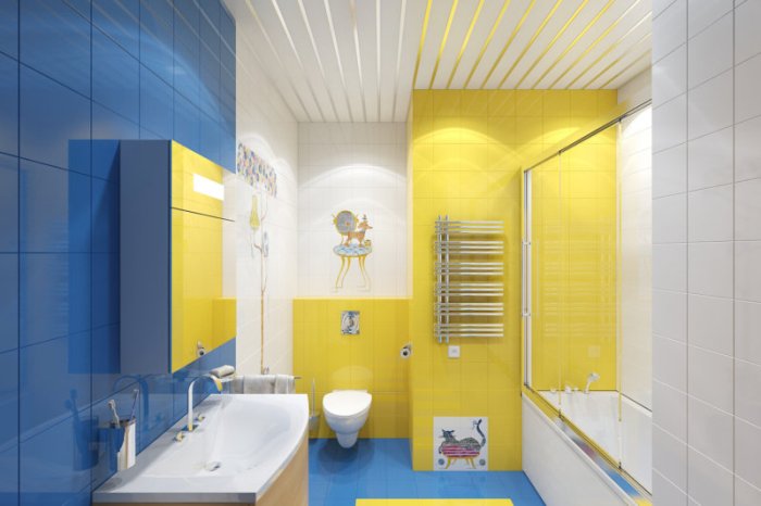 חדר האמבטיה צהוב-כחול.
