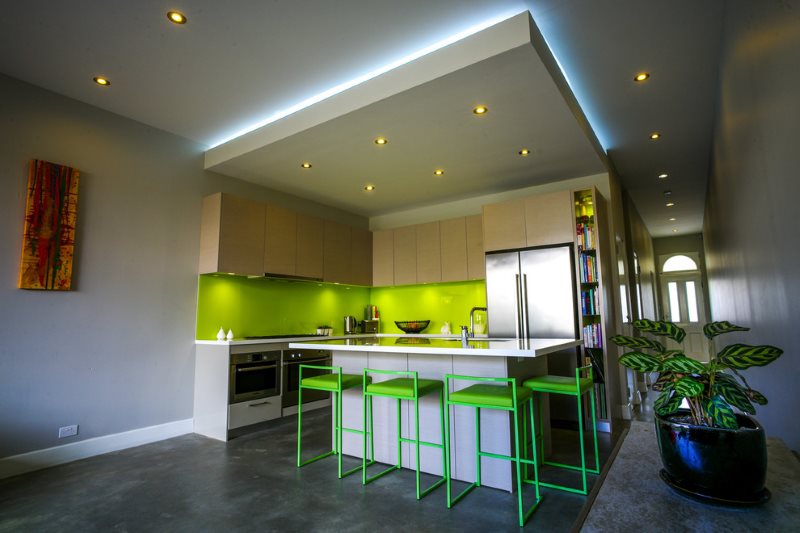 Two-level kitchen ceiling with spotlights