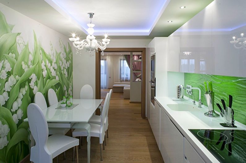 Green color in the interior of a linear layout kitchen