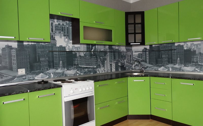 Green facades of a corner kitchen set