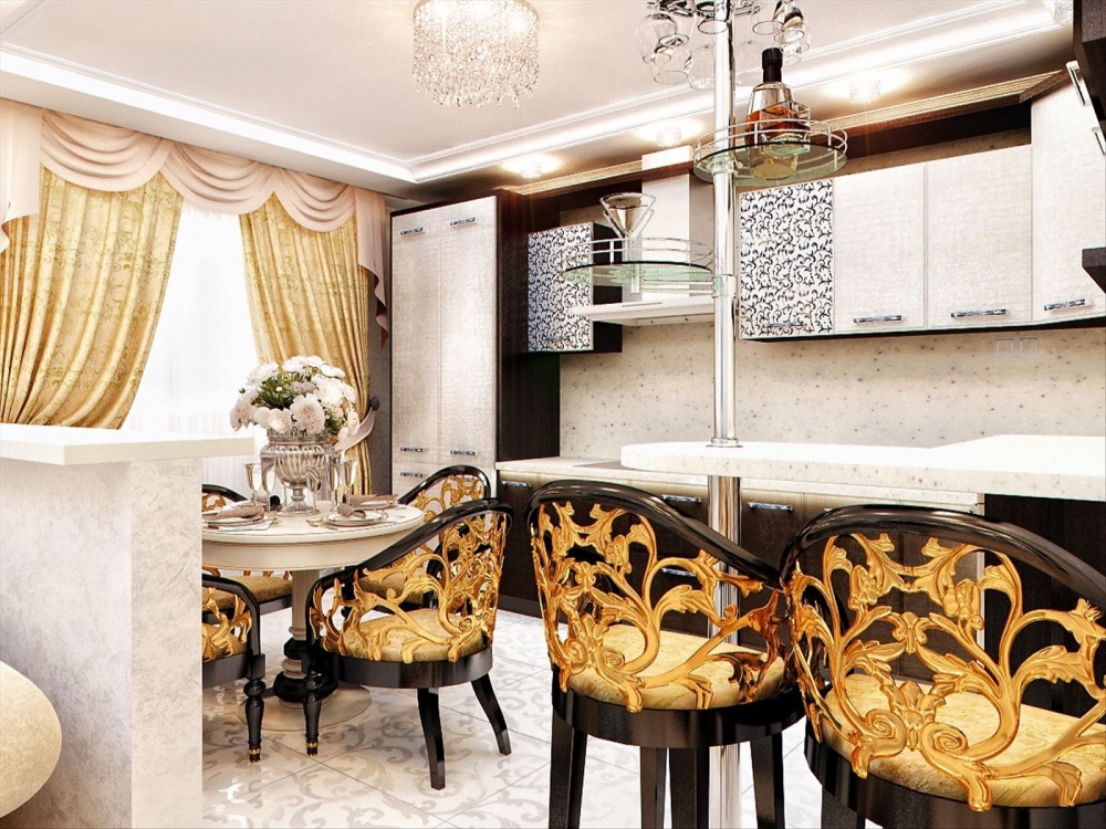 Gold-plated chair backs in an art deco style kitchen