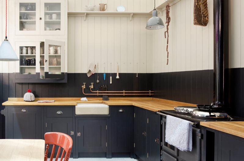 Wooden kitchen worktop with black and white furniture