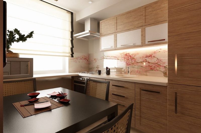 Textura din lemn a fațadelor de bucătărie cu mobilier în stil japonez