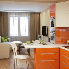 Orange fronts of kitchen furniture