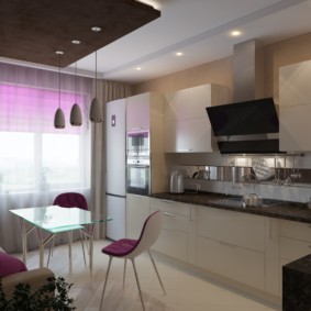 Design of kitchen-living room with stretch ceiling
