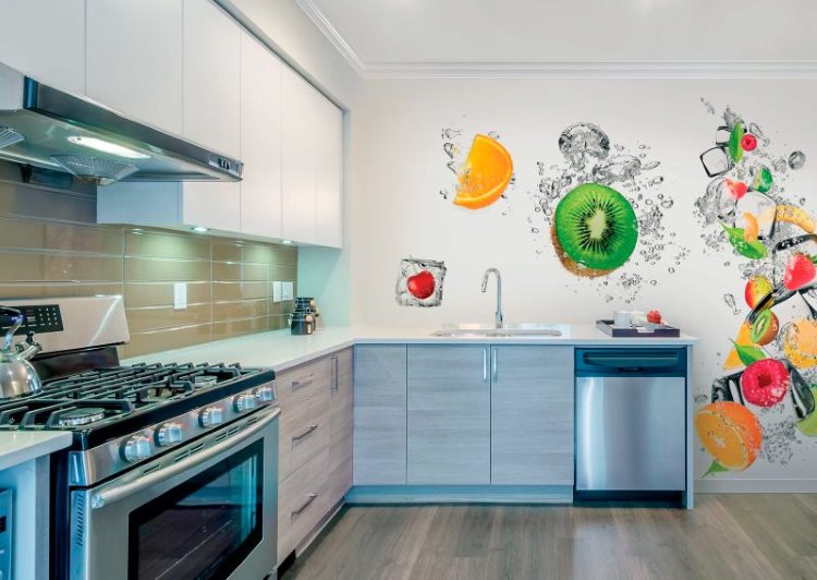 Wallpaper with photo printing in the interior of the kitchen