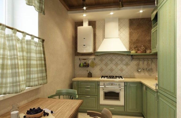 Provence style kitchen interior with gas water heater