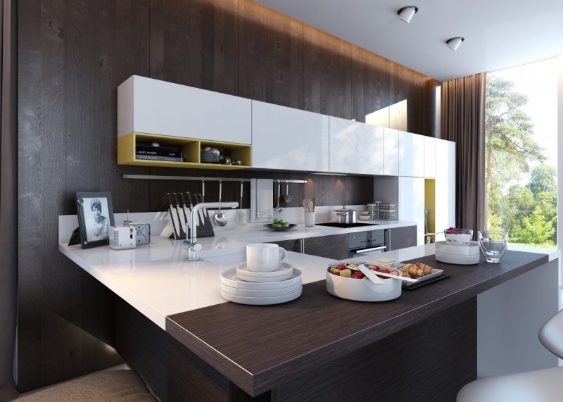 White and brown high-tech kitchen