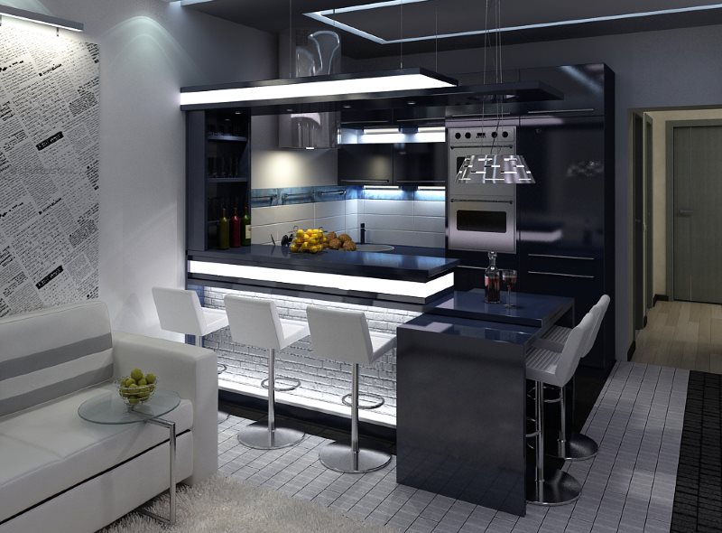 High-tech kitchen-living area