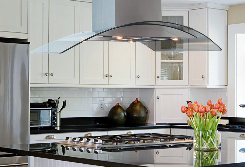 Island hood with tempered glass panel