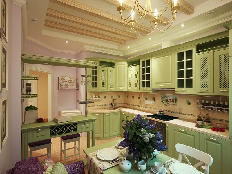 Provansas stila virtuve ar krāsotu koka komplektu