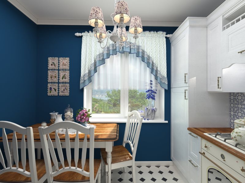 Design de bucătărie în stil Provence, cu pereți albaștri.
