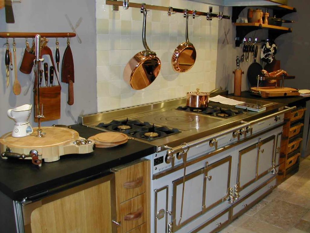 Railing pans in a rustic kitchen