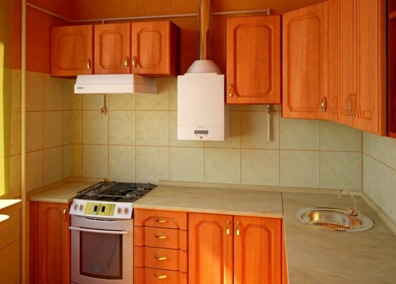 Corner kitchen with gas water heater on the wall