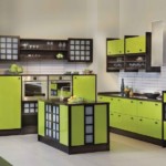 Green facades of kitchen furniture