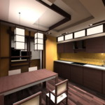 Plafonul cu mai multe niveluri în bucătăria unui apartament din oraș