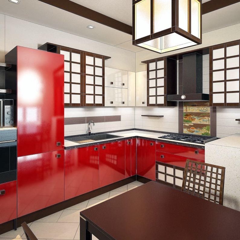 Red set in japanese style kitchen