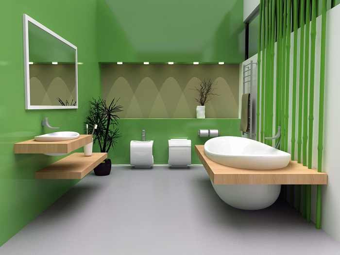 קירות ירוקים בהירים בחדר האמבטיה של בית פרטי