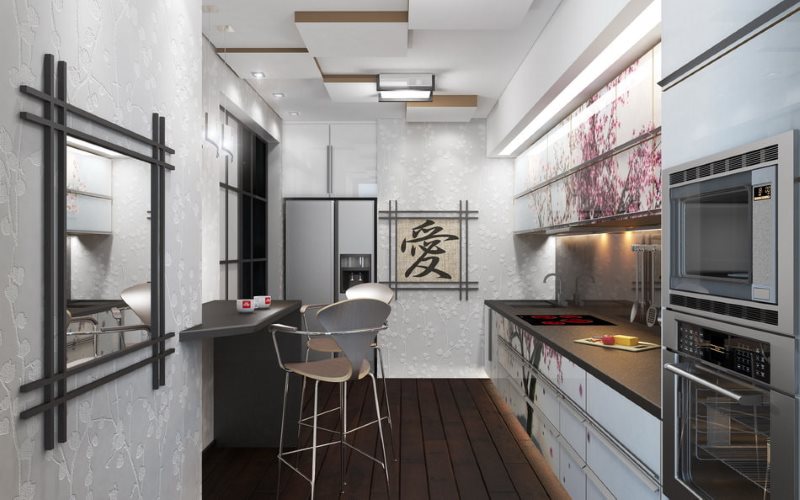 Interior of a narrow linear kitchen