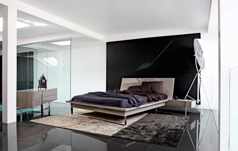 black and white bedroom interior photo