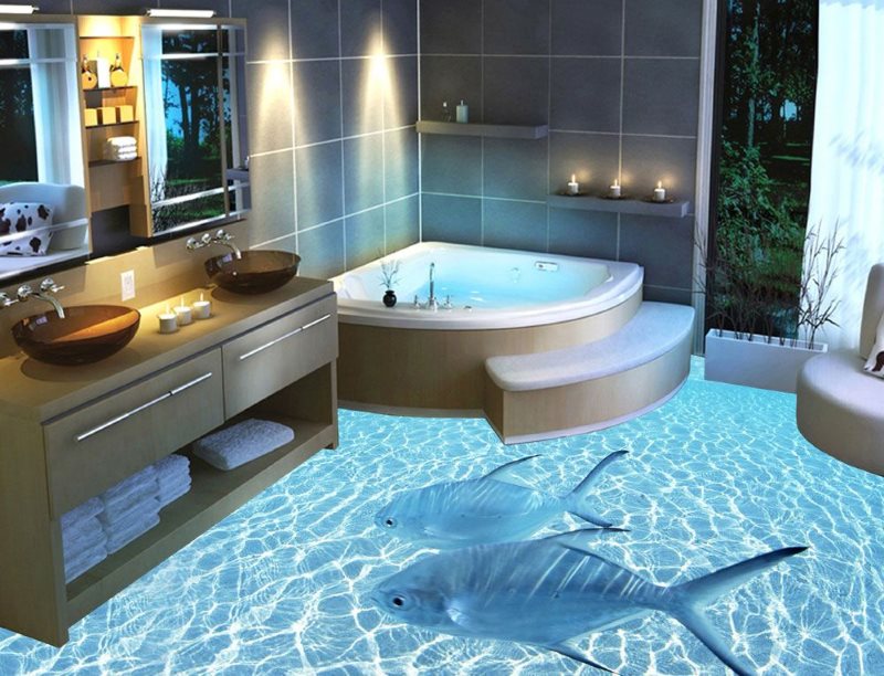 עיצוב חדר אמבטיה מרווח עם רצפה בתפזורת