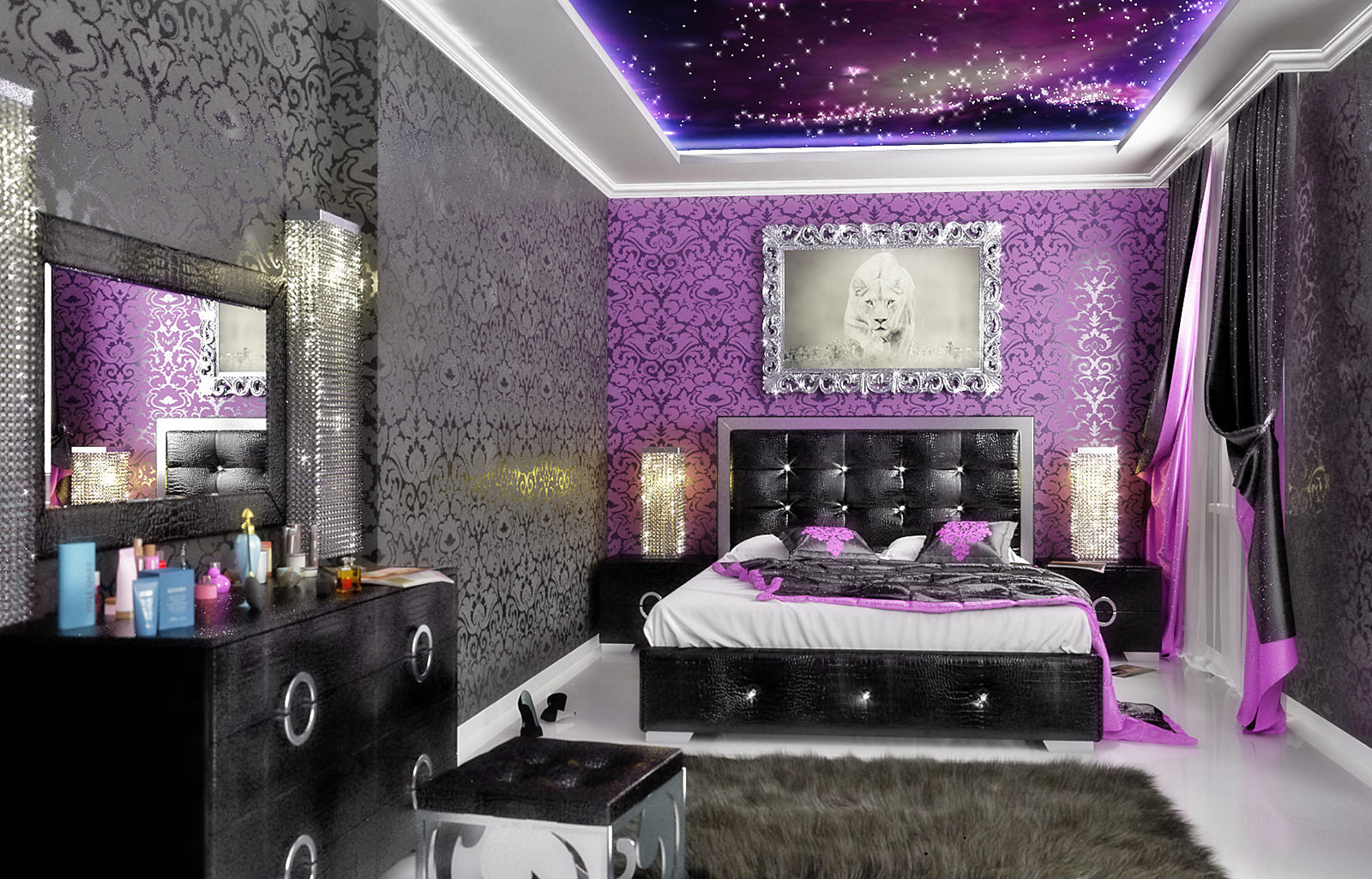 mor yatak odası tasarım fotoğraf