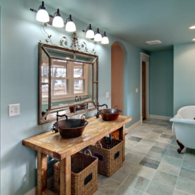 Wooden furniture in the bathroom interior