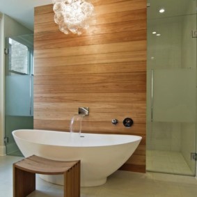 Dekoratīvās koka paneļu sienas vannas istabā