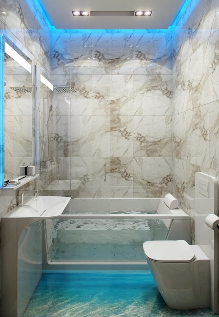 Lumière bleue de l'éclairage intégré dans une petite salle de bain