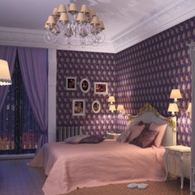 лилав дизайн на интериора на спалнята