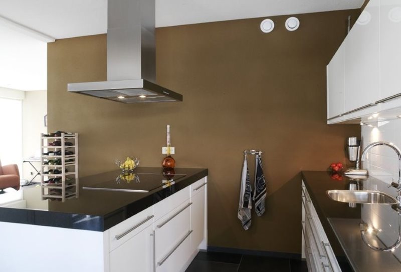 Brown wall in the kitchen with island