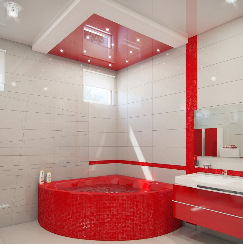 פסיפס אדום בחדר האמבטיה עם אריחים לבנים