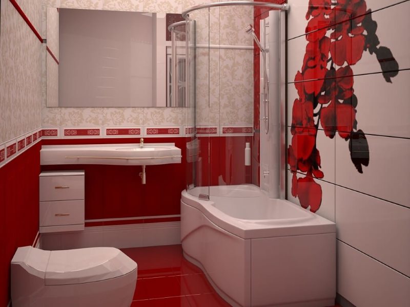אמבטיה קטנה עם מקלחת בחדר האמבטיה עם רצפה אדומה