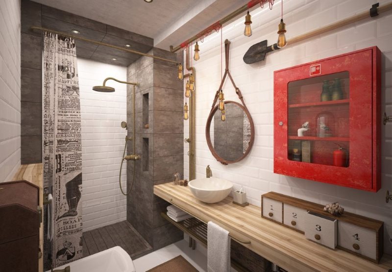 ארון אדום על קיר חדר הרחצה בסגנון תעשייתי