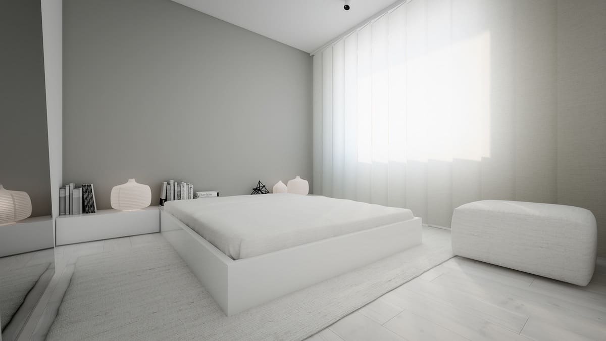 minimalistyczna biała sypialnia