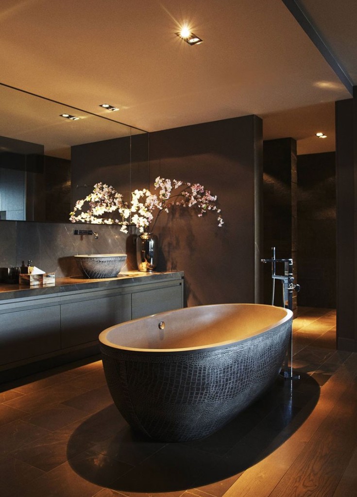 Soft glow of ceiling lights in the bathroom
