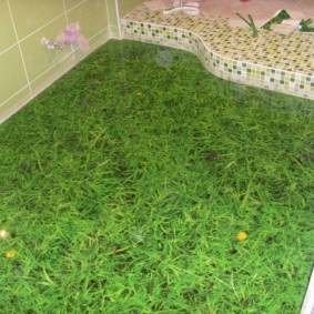Photo printing in the form of green grass on the bathroom floor