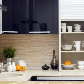 White dishes on shelves in the kitchen cabinet