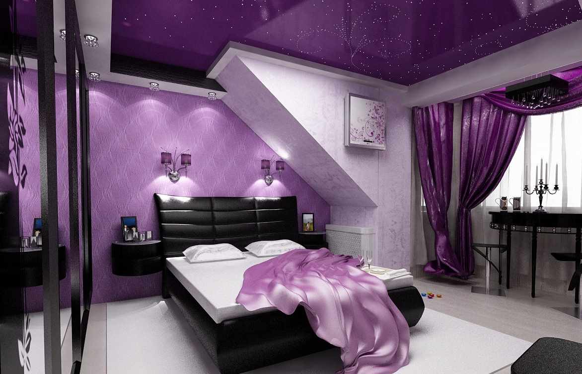 lilac bedroom with black